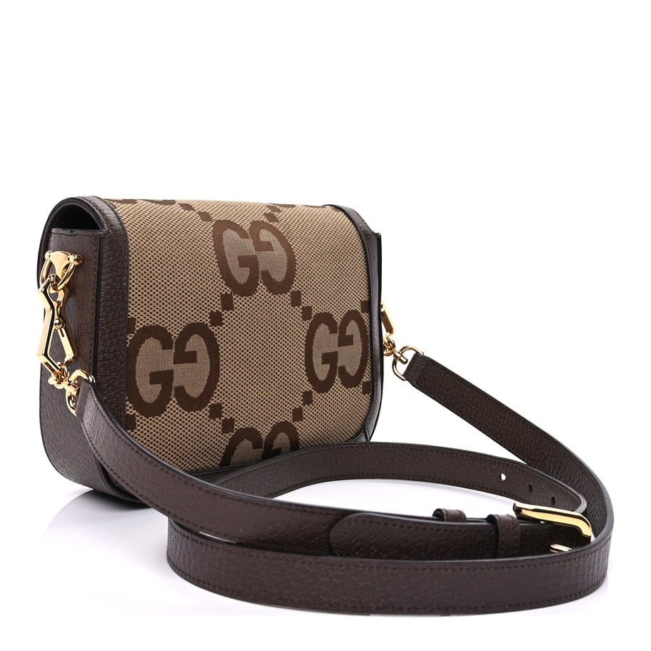 Gucci Monogram Jumbo GG Textured Dollar Calfskin Web Mini Horsebit 1955 Shoulder Bag Camel Ebony New Acero Image 3