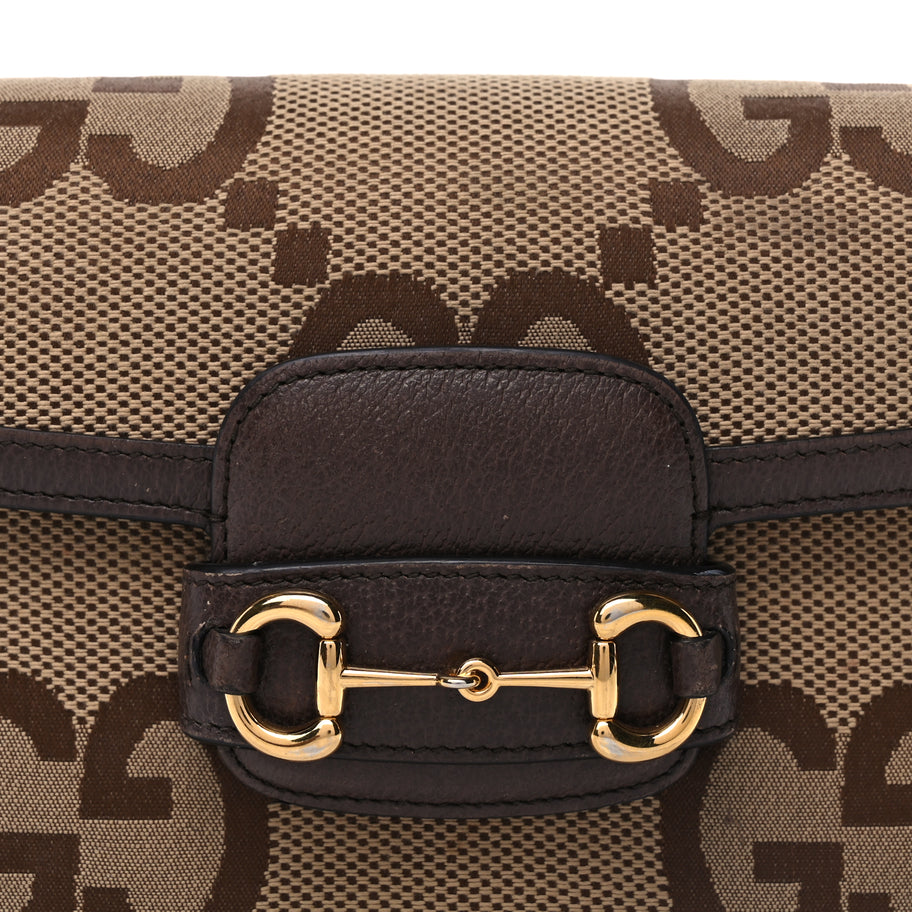 Gucci Monogram Jumbo GG Textured Dollar Calfskin Web Mini Horsebit 1955 Shoulder Bag Camel Ebony New Acero Image 7