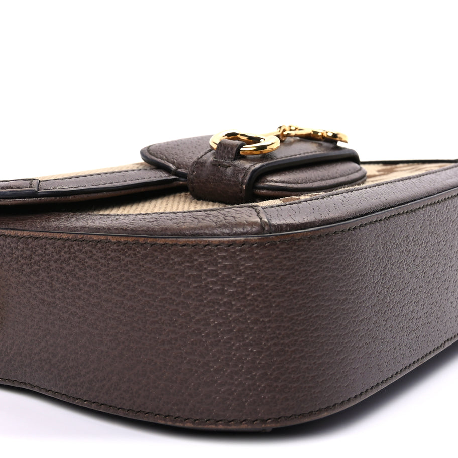 Gucci Monogram Jumbo GG Textured Dollar Calfskin Web Mini Horsebit 1955 Shoulder Bag Camel Ebony New Acero Image 8