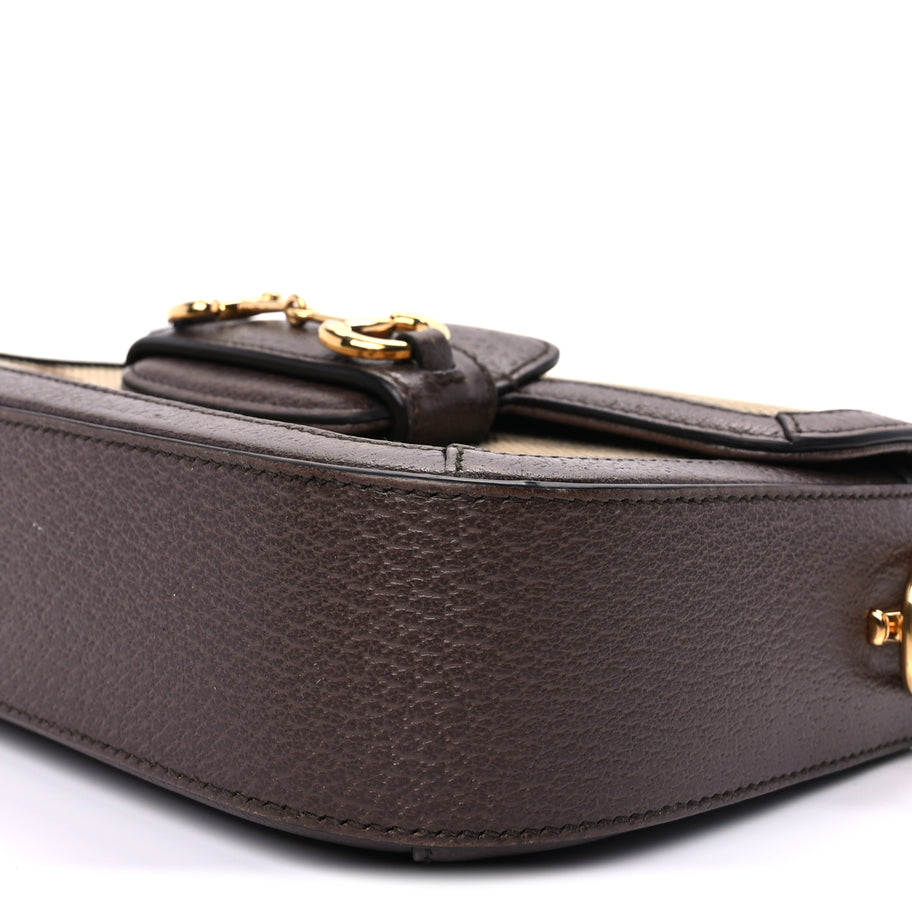 Gucci Monogram Jumbo GG Textured Dollar Calfskin Web Mini Horsebit 1955 Shoulder Bag Camel Ebony New Acero Image 9