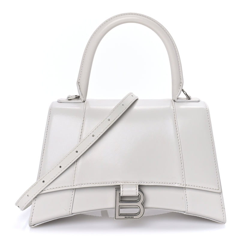  Balenciaga Shiny Box Calfskin Tonal B Small Hourglass Top Handle Bag  White