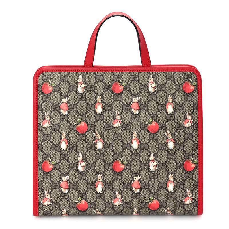  Gucci X Peter Rabbit GG Supreme Monogram Rabbit Apple Childrens Tote  Beige Ebony Multicolor Bright Hibiscus