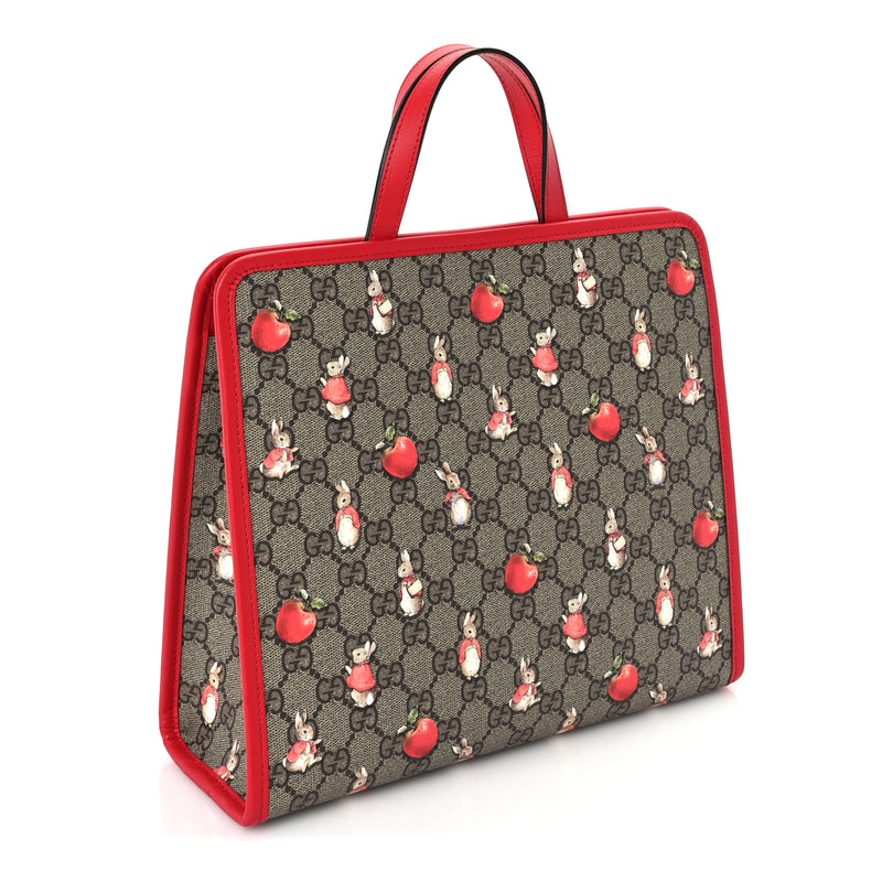  Gucci X Peter Rabbit GG Supreme Monogram Rabbit Apple Childrens Tote  Beige Ebony Multicolor Bright Hibiscus
