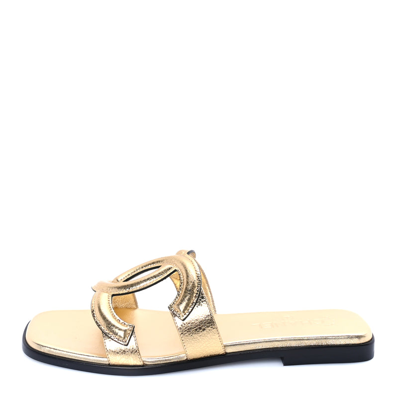  Chanel Metallic Lambskin CC Cut Out Mules Sandals 40  Gold