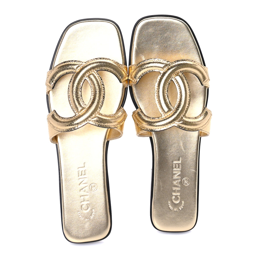 Chanel Metallic Lambskin CC Cut Out Mules Sandals 40  Gold Image 5