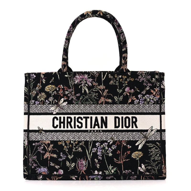  Christian Dior Canvas Embroidered Medium Herbarium Book Tote Black Multicolor