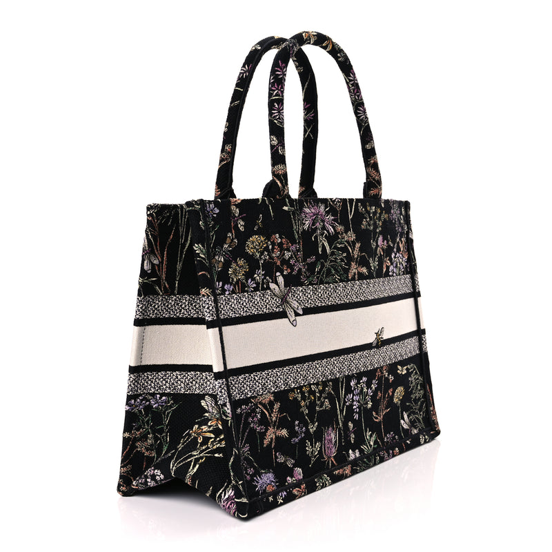  Christian Dior Canvas Embroidered Medium Herbarium Book Tote Black Multicolor