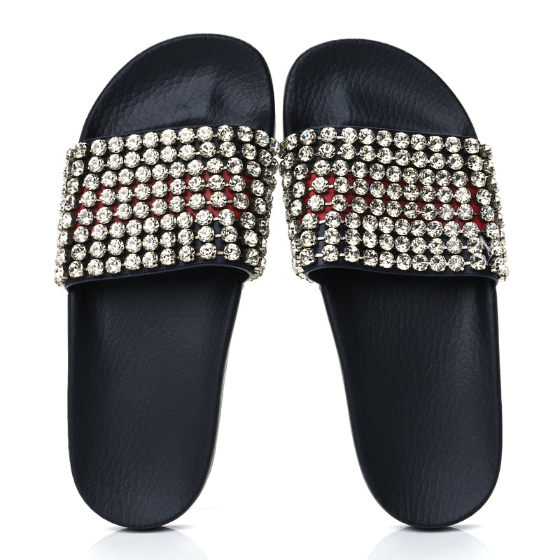  Gucci Calfskin Crystal Embellished Web Slide Sandals 38 Blue Red