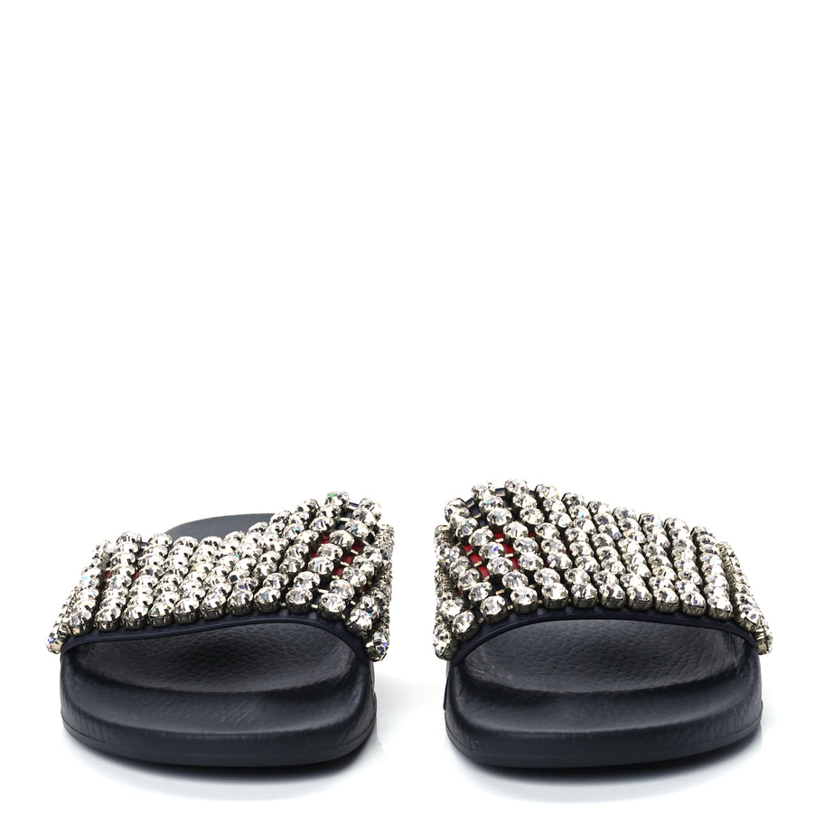 Gucci Calfskin Crystal Embellished Web Slide Sandals 38 Blue Red Image 3