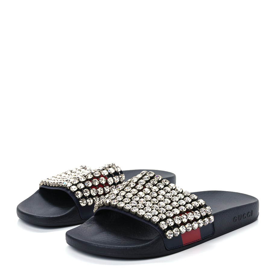 Gucci Calfskin Crystal Embellished Web Slide Sandals 38 Blue Red Image 4