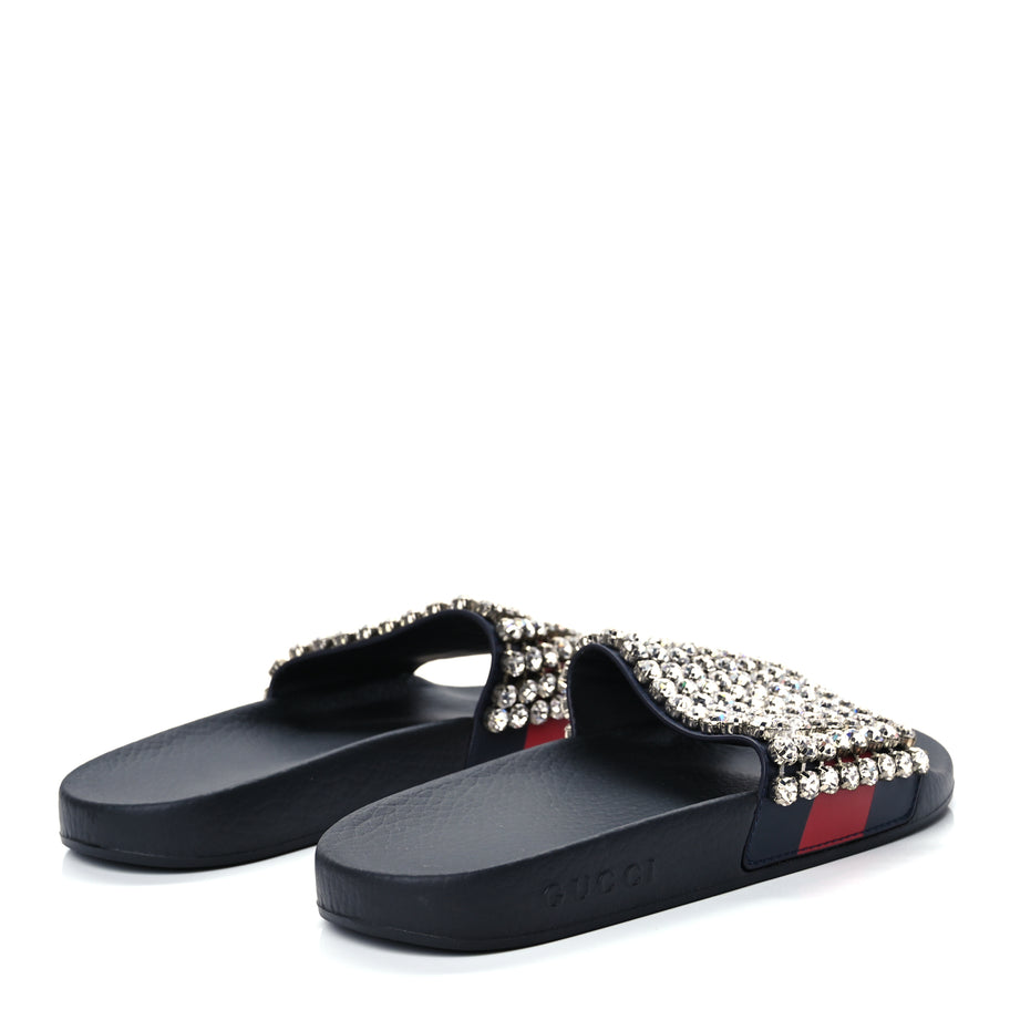 Gucci Calfskin Crystal Embellished Web Slide Sandals 38 Blue Red Image 5
