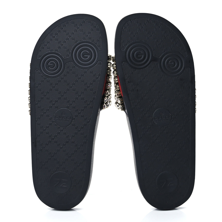Gucci Calfskin Crystal Embellished Web Slide Sandals 38 Blue Red Image 6