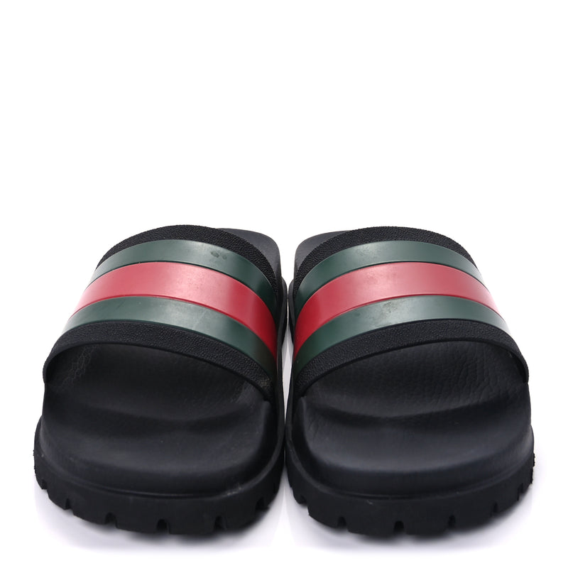  Gucci Rubber Web Mens Lug Sole Slide Sandals 10  Black Green Red