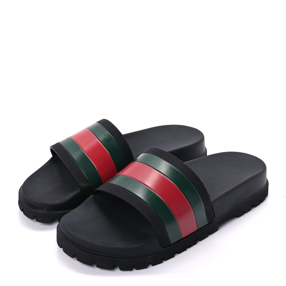Gucci Rubber Web Mens Lug Sole Slide Sandals 10  Black Green Red Image 3