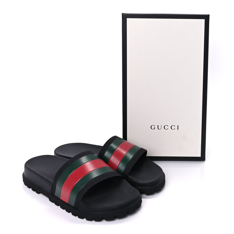 Gucci Rubber Web Mens Lug Sole Slide Sandals 10  Black Green Red Image 8