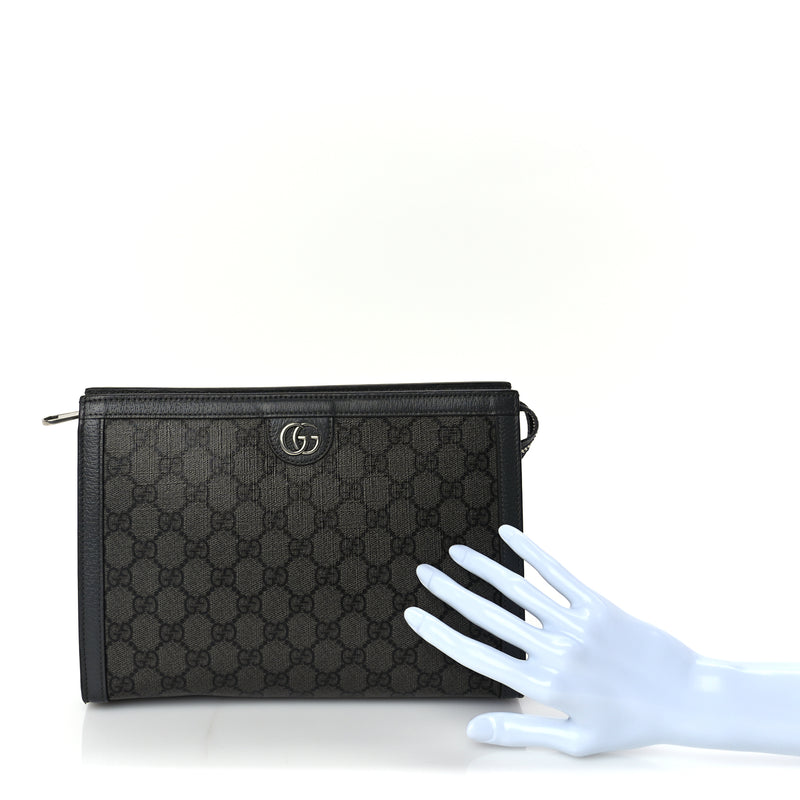  Gucci GG Supreme Monogram Textured Dollar Calfskin Ophidia Wristlet Pouch  Grey Black Graphite Grey
