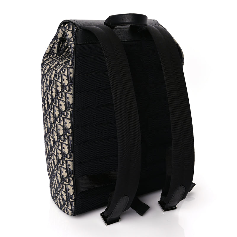  Christian Dior Oblique Jacquard Grained Calfskin Drawstring Saddle Backpack Beige Black