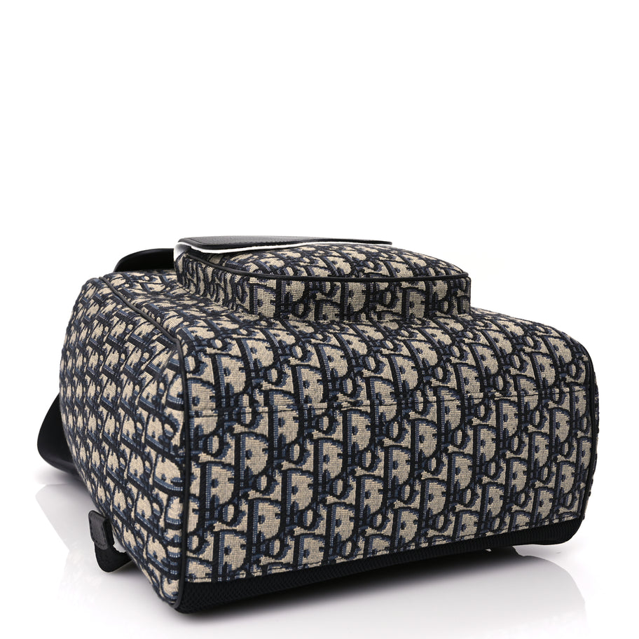 Christian Dior Oblique Jacquard Grained Calfskin Drawstring Saddle Backpack Beige Black Image 3