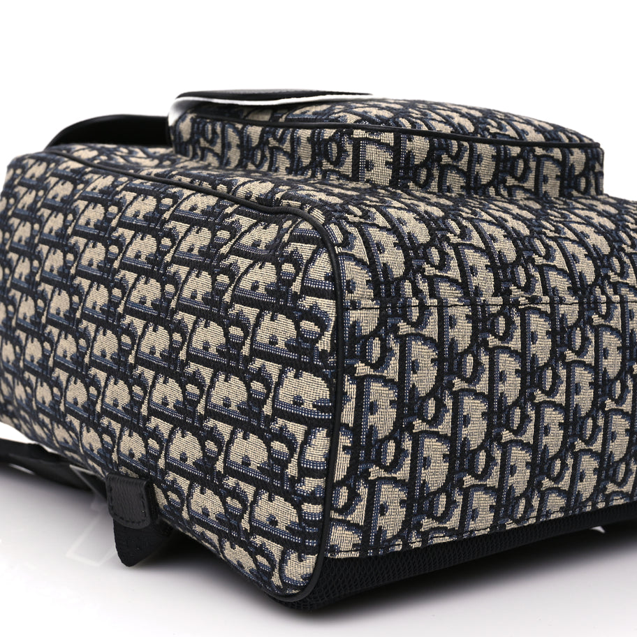 Christian Dior Oblique Jacquard Grained Calfskin Drawstring Saddle Backpack Beige Black Image 7