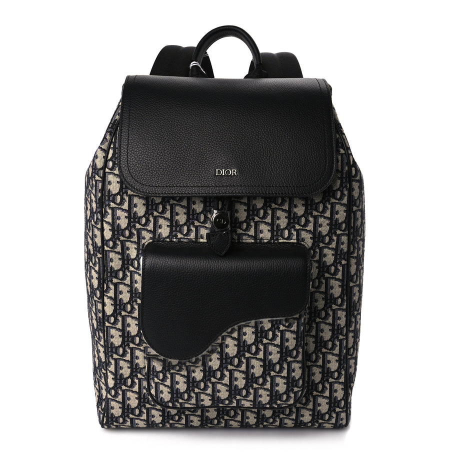 Christian Dior Oblique Jacquard Grained Calfskin Drawstring Saddle Backpack Beige Black Image 9