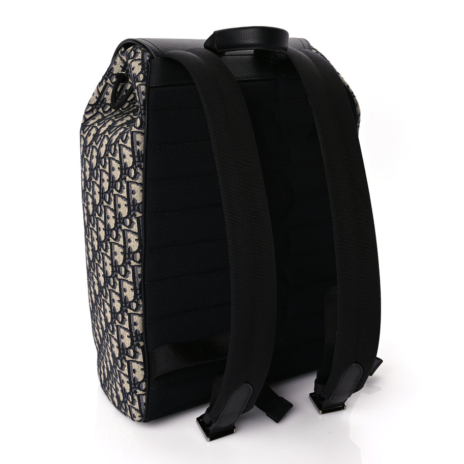 Christian Dior Oblique Jacquard Grained Calfskin Drawstring Saddle Backpack Beige Black Image 10