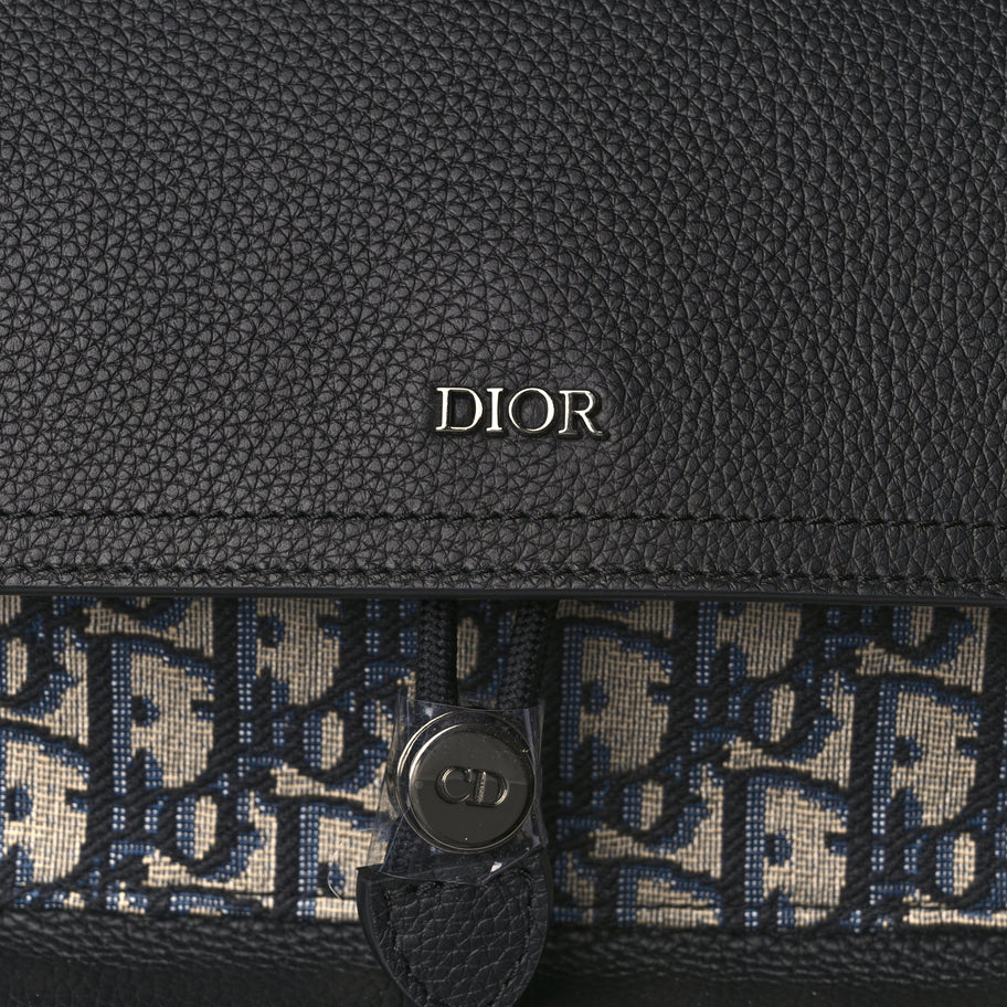 Christian Dior Oblique Jacquard Grained Calfskin Drawstring Saddle Backpack Beige Black Image 14