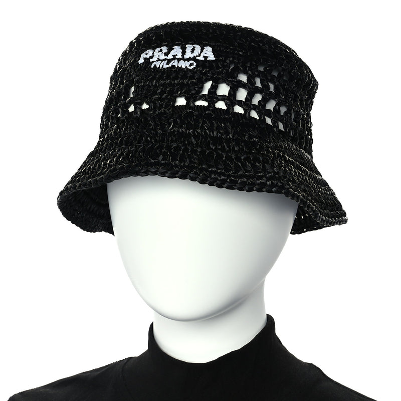  Prada Yarn Raffia Effect Crochet Logo Embroidered Womens Bucket Hat M Black