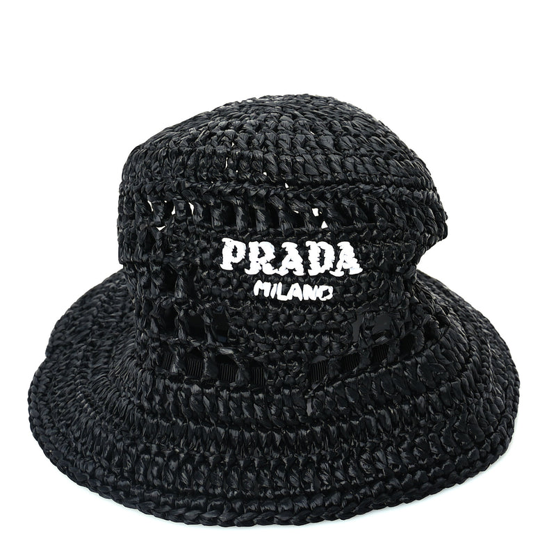  Prada Yarn Raffia Effect Crochet Logo Embroidered Womens Bucket Hat M Black