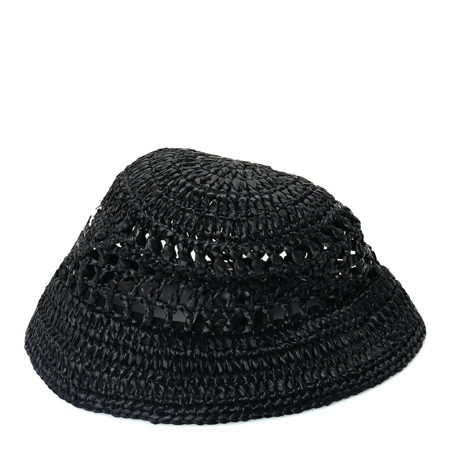 Prada Yarn Raffia Effect Crochet Logo Embroidered Womens Bucket Hat M Black Image 5