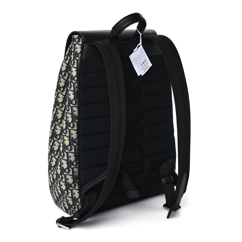  Christian Dior Oblique Jacquard Grained Calfskin Drawstring Saddle Backpack Beige Black Oblique Monogram
