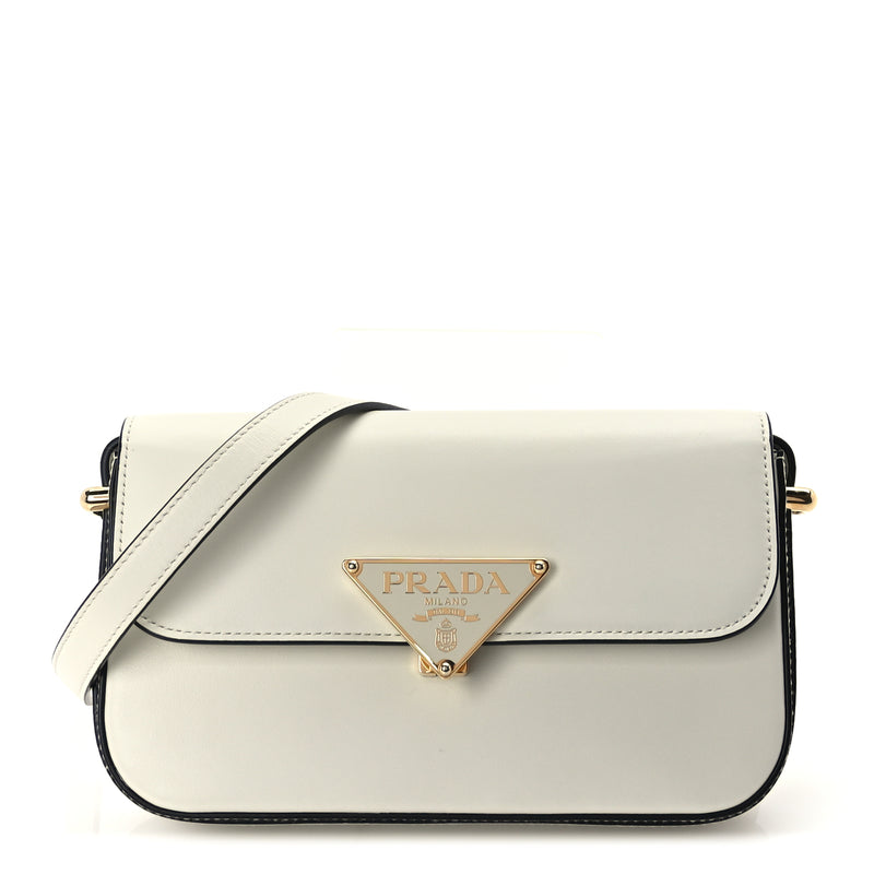  Prada Box Calfskin Triangle Embleme Flap Shoulder Bag  White