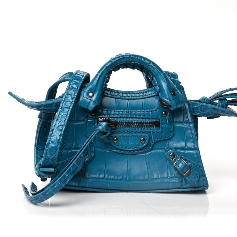 Balenciaga Extra Supple Calfskin Crocodile Embossed Neo Classic Silver Hardware Super Nano City Crossbody  Cyan Image 1