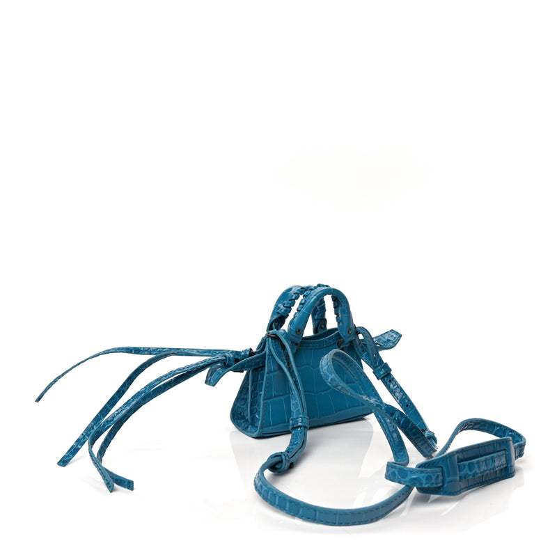  Balenciaga Extra Supple Calfskin Crocodile Embossed Neo Classic Silver Hardware Super Nano City Crossbody  Cyan