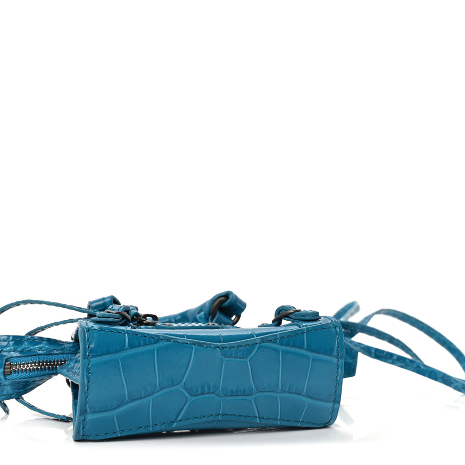 Balenciaga Extra Supple Calfskin Crocodile Embossed Neo Classic Silver Hardware Super Nano City Crossbody  Cyan Image 3