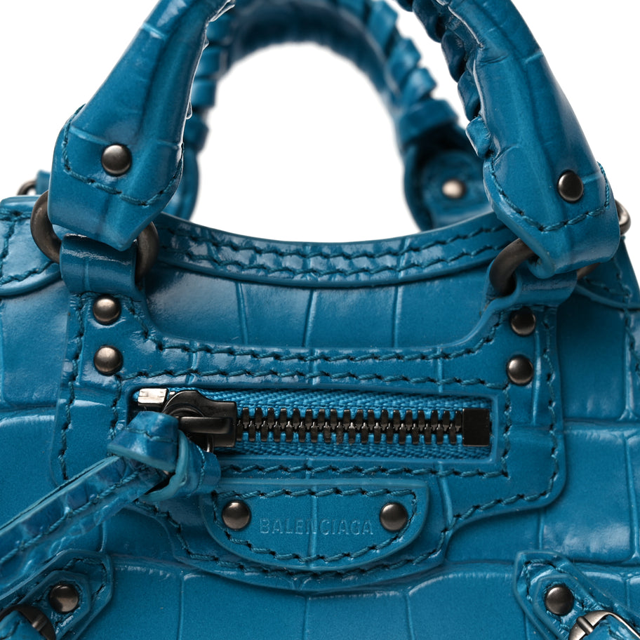 Balenciaga Extra Supple Calfskin Crocodile Embossed Neo Classic Silver Hardware Super Nano City Crossbody  Cyan Image 6