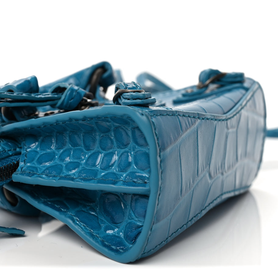 Balenciaga Extra Supple Calfskin Crocodile Embossed Neo Classic Silver Hardware Super Nano City Crossbody  Cyan Image 7