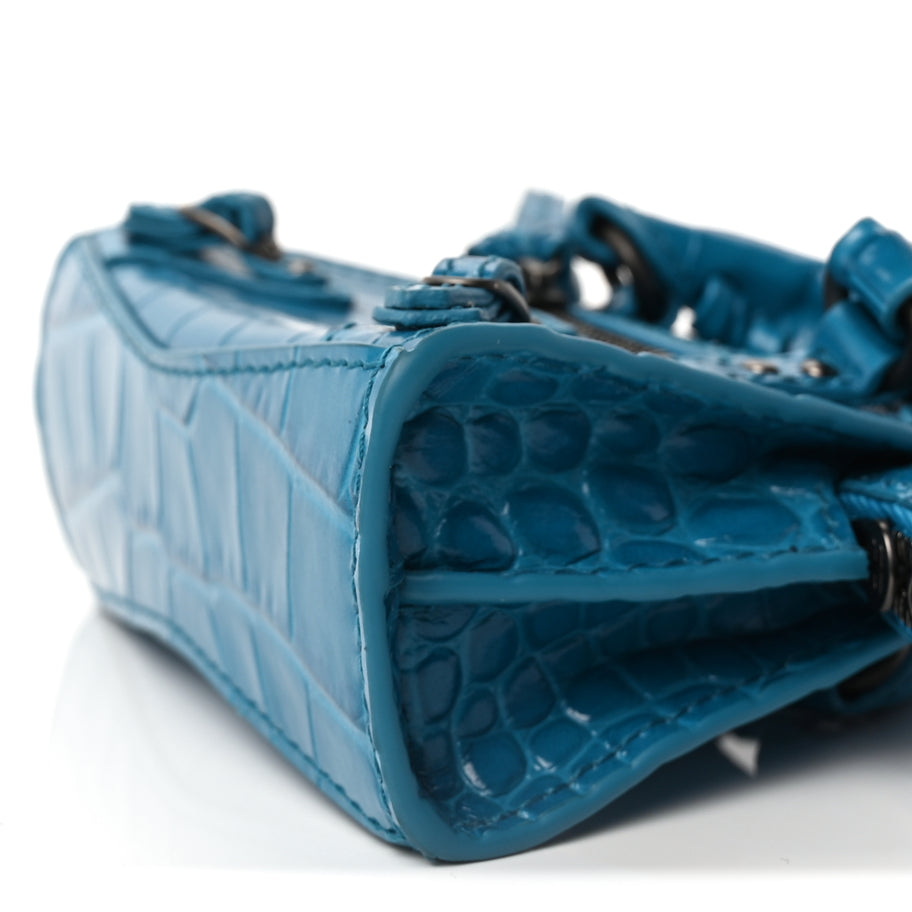 Balenciaga Extra Supple Calfskin Crocodile Embossed Neo Classic Silver Hardware Super Nano City Crossbody  Cyan Image 8