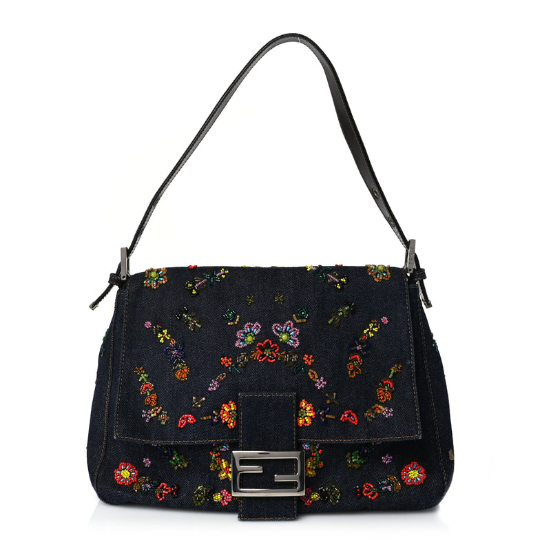  Fendi Denim Beaded Mama Baguette Blue