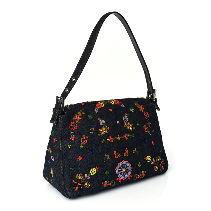  Fendi Denim Beaded Mama Baguette Blue