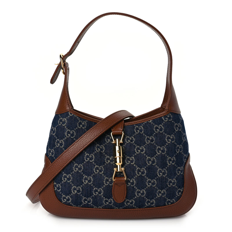  Gucci New Denim GG Monogram Calfskin Small Jackie 1961 Hobo Blue Tea Cuir