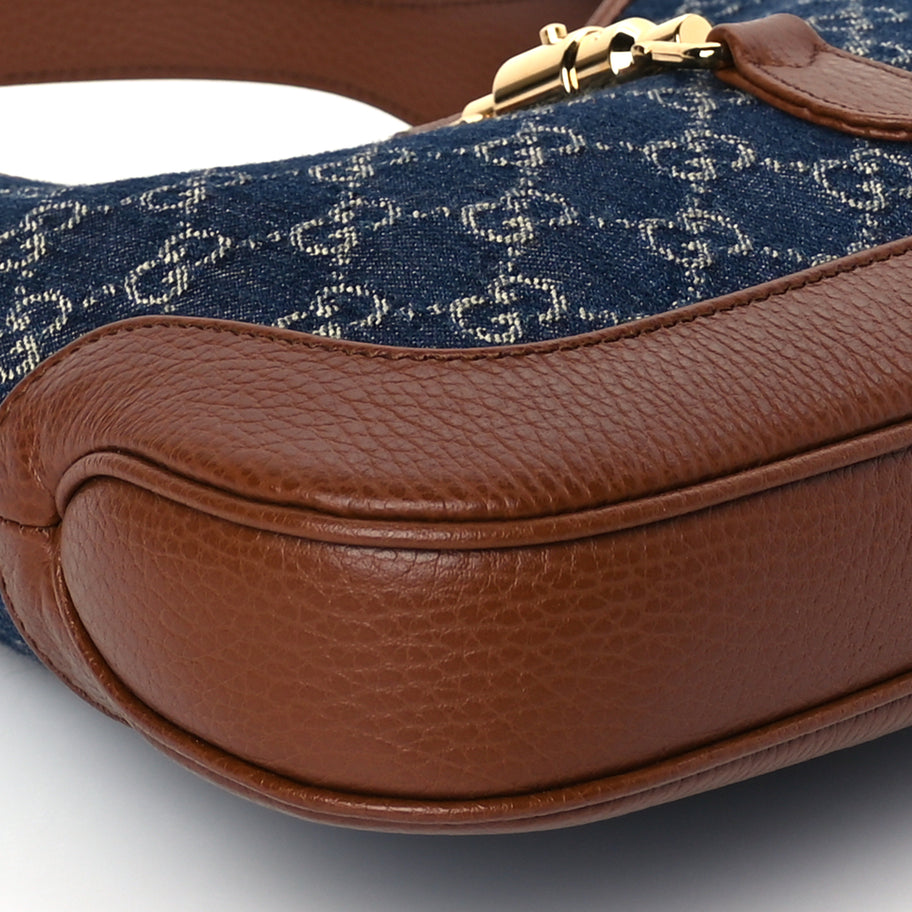 Gucci New Denim GG Monogram Calfskin Small Jackie 1961 Hobo Blue Tea Cuir Image 8