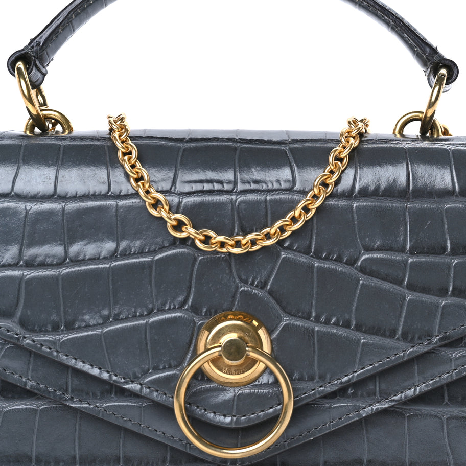 Mulberry Calfskin Crocodile Embossed Small Harlow Satchel Dark Grey Image 6