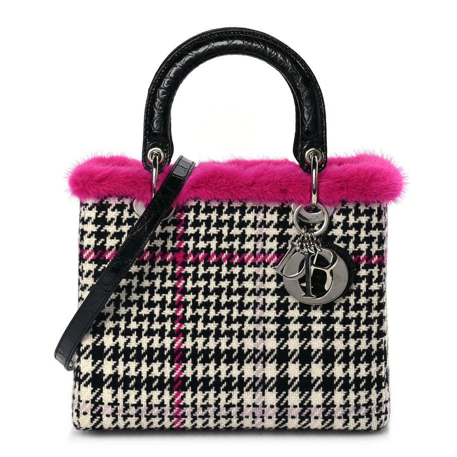 Christian Dior Tweed Crocodile Mink Plaid Medium Lady Dior Black Pink White Image 1