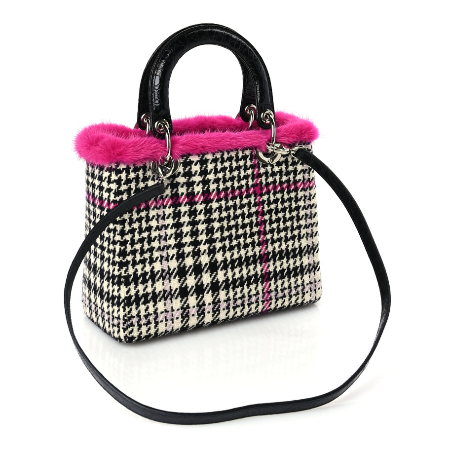Christian Dior Tweed Crocodile Mink Plaid Medium Lady Dior Black Pink White Image 3