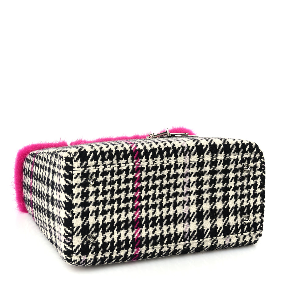 Christian Dior Tweed Crocodile Mink Plaid Medium Lady Dior Black Pink White Image 5