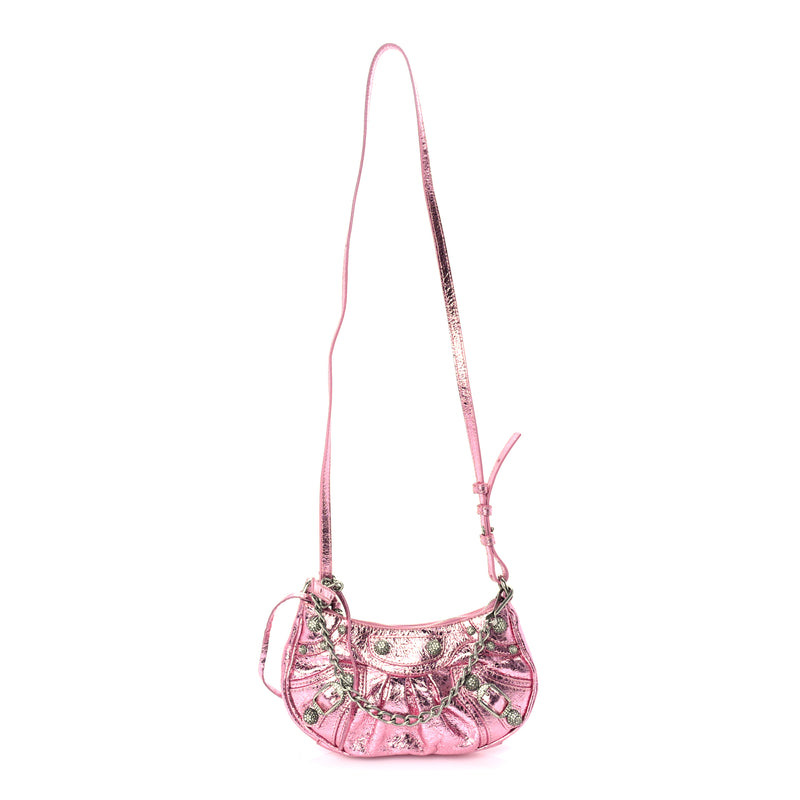  Balenciaga Metallic Agneau Arena Crystal Le Cagole Mini Purse With Chain Met Pink