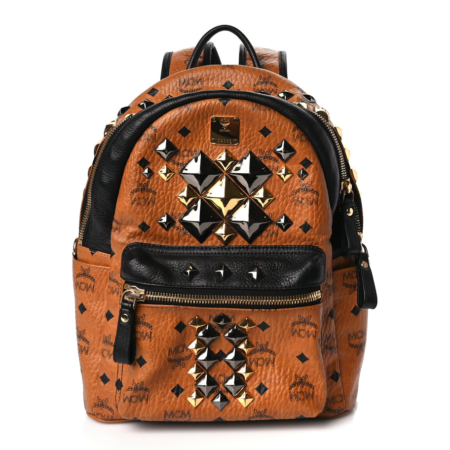 MCM Visetos Studded Colorblock Small Stark Brock Backpack Cognac Black Image 1