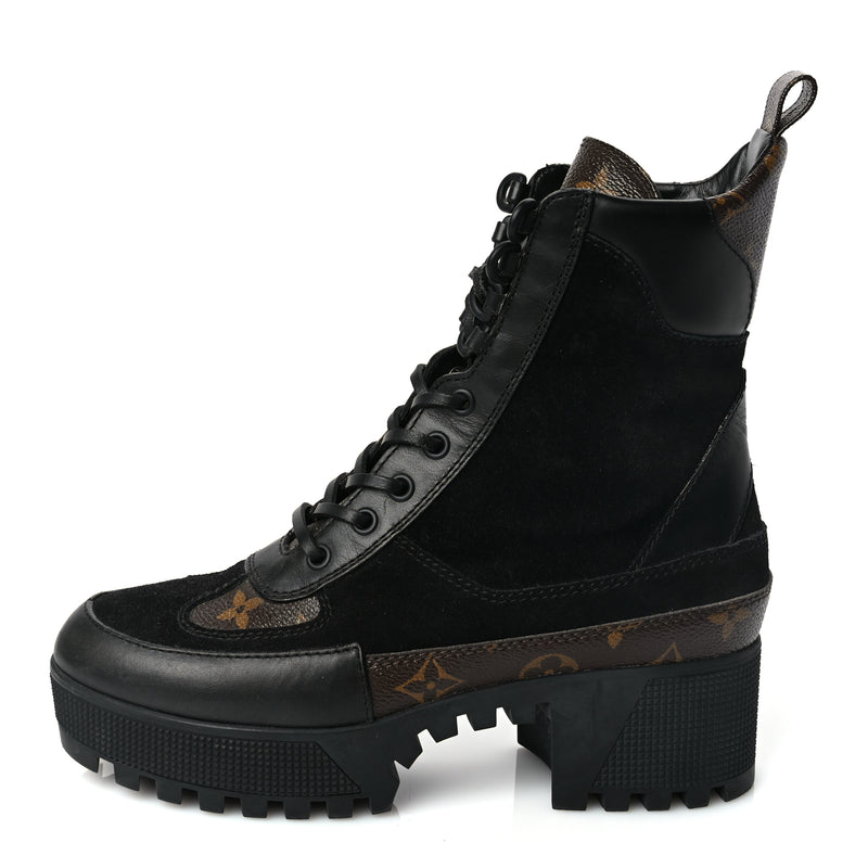  Louis Vuitton Suede Calfskin Monogram Laureate Platform Desert Boots 36.5 Black