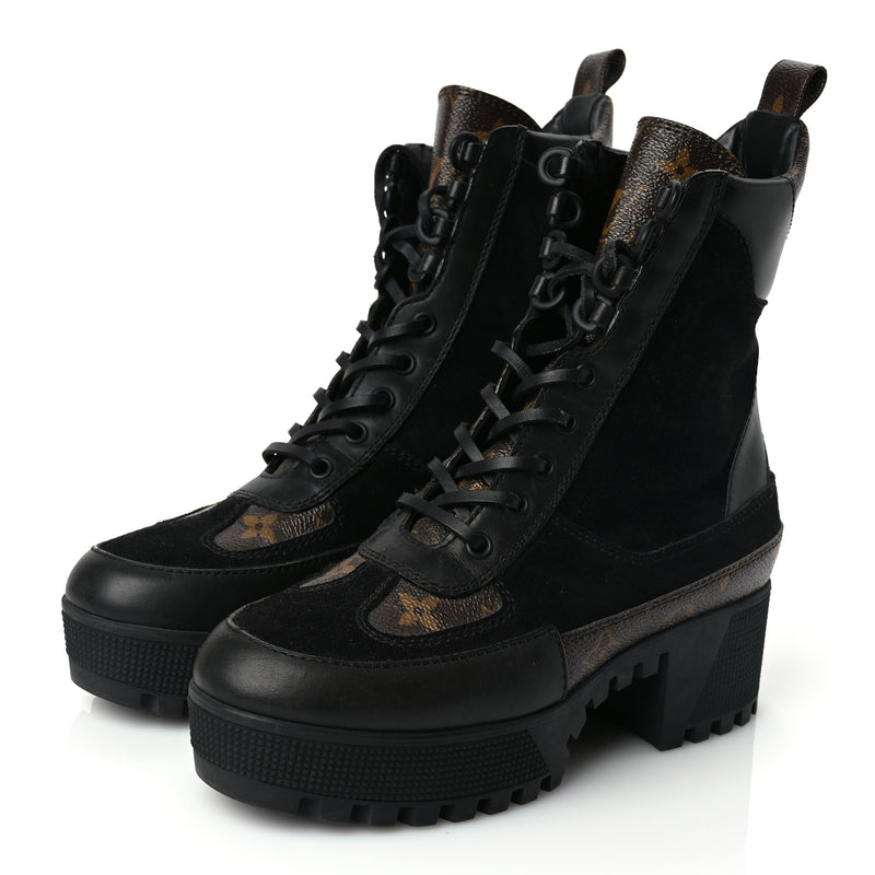  Louis Vuitton Suede Calfskin Monogram Laureate Platform Desert Boots 36.5 Black