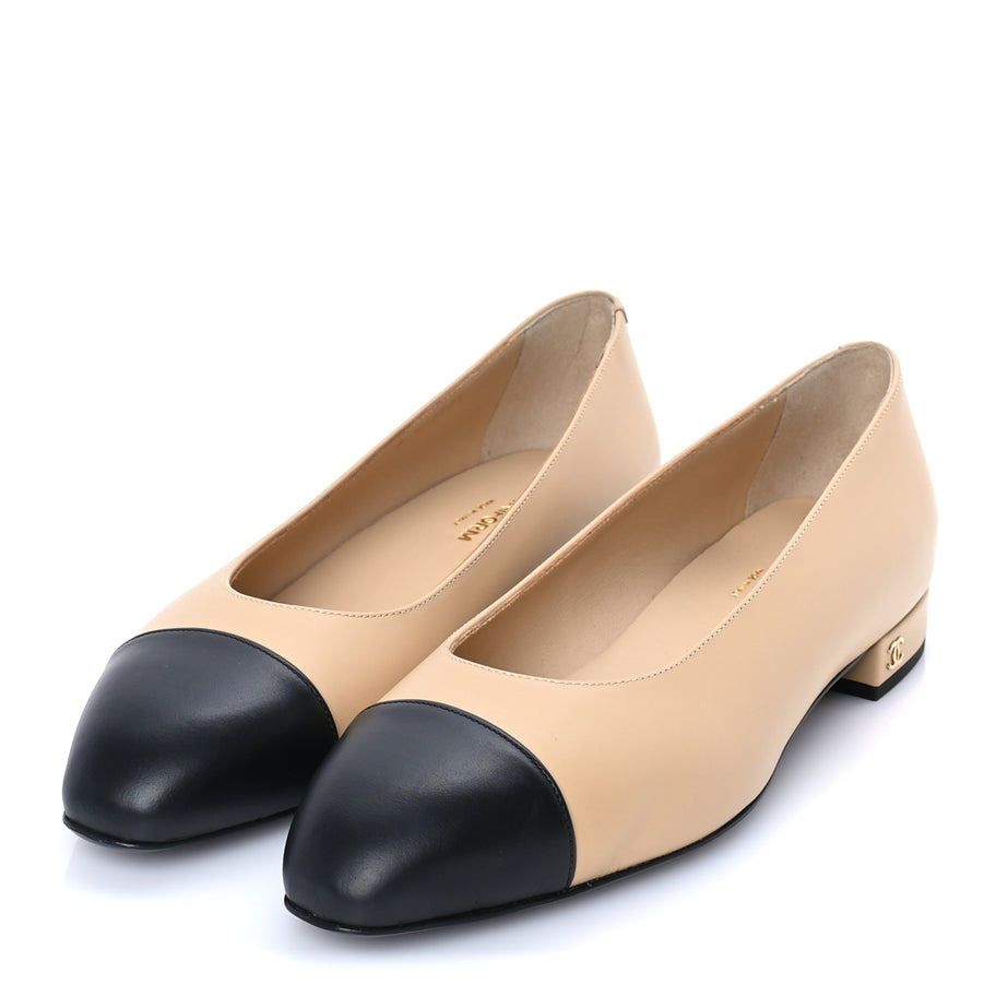 Chanel Lambskin Cap Toe CC Uniform Ballerina Flats 39 Beige Black Image 2